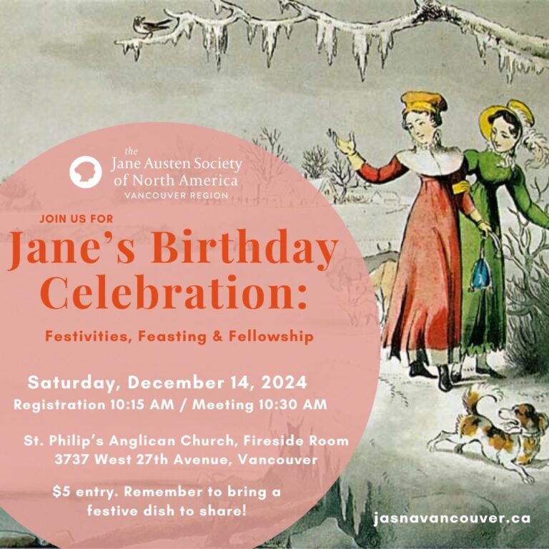 Image of two regency era women strolling in the snow. Text overlay has details about the next JASNA meeting on December 14, 2024.